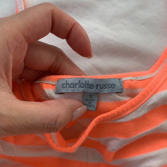 Charlotte Russe crop tank, neon peach & white stripes, Pom Pom & open back, S - Picture 5 of 9